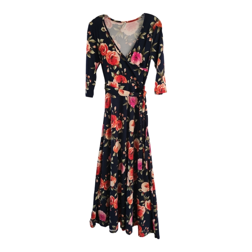 Maternity Dress Size S Maxi Navy Pink Coral Floral V Neck
